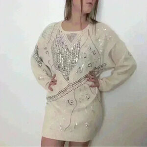 Ivory Sweater Tunic  with Sequins & Beads, Wool Angora